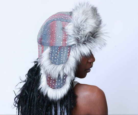 Upcycled Rhinestone Trapper Hat (Red and Blue)