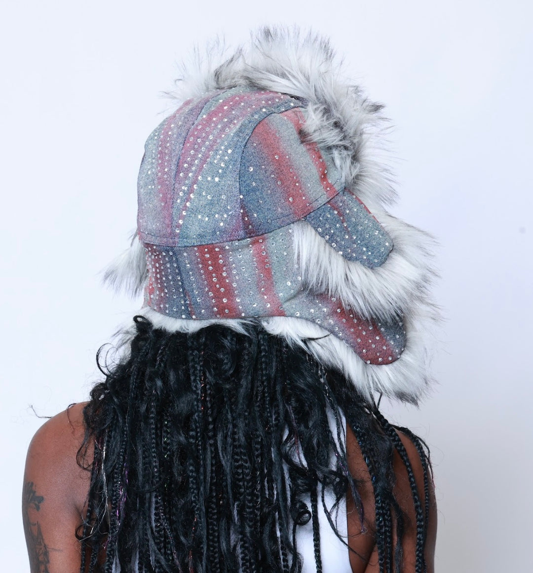 Upcycled Rhinestone Trapper Hat (Red and Blue)