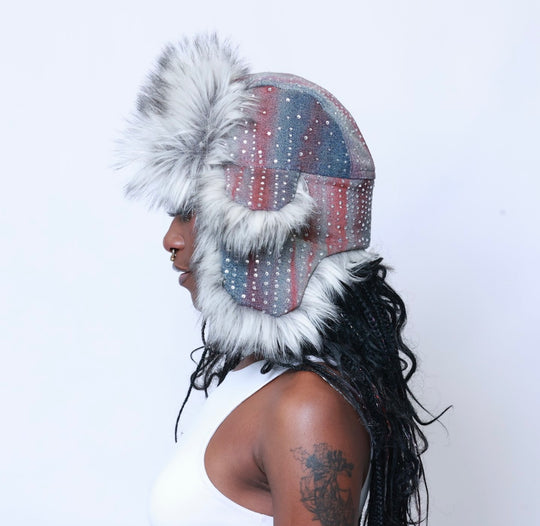 Upcycled Rhinestone Trapper Hat (Red and Blue)